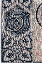 Vintage elements of old paper banknotes.Bonistics.Polish banknotes-5 polish zloty 1941.Fragment banknote for design purpose.