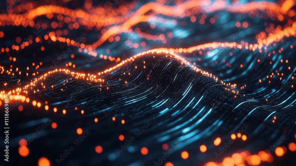 Poster abstract representation of flowing data with glowing lines and particles.