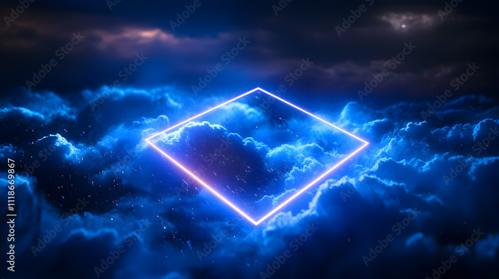 Poster 3d rendering, abstract futuristic background with neon geometric shape and stormy cloud on night sky