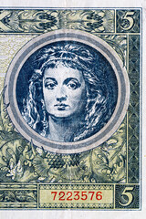 Vintage elements of old paper banknotes.Bonistics.Polish banknotes-5 polish zloty 1941.Fragment...