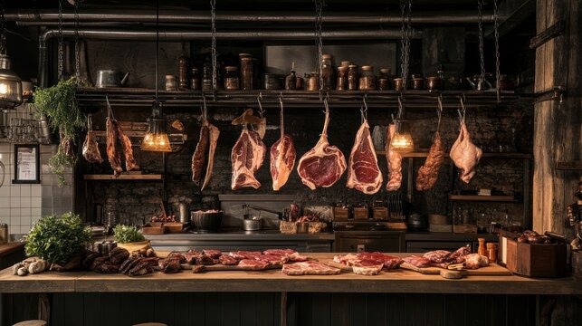 A rustic butcher shop displaying various cuts of meat hanging and on the counter.