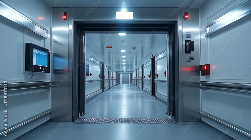 Poster the setting features a sleek corridor with bright lighting, leading to elevator doors illuminated by