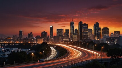 Fototapeta premium Cityscape at sunset with highway light trails.