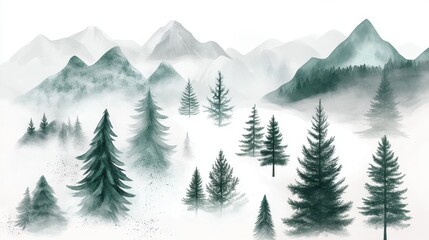 Watercolor pine trees and mountain landscapes