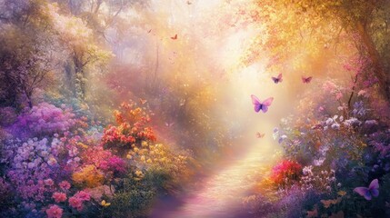 Fototapeta premium A serene pathway through a vibrant, flower-filled forest with butterflies fluttering around.