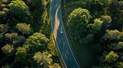 A drone shot of a biker winding along a serpentine mountain path, the road carving through the majestic landscape. Dynamic and dramatic composition, with copy space