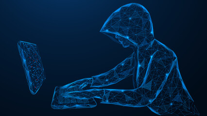 Hacker, a hooded man sitting at a computer. Polygonal design of interconnected lines and dots. Blue background.