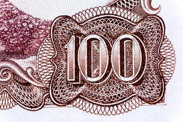 Vintage elements of old paper banknotes.Bonistics.Spain 100 Pesetas 1970.Fragment banknote for design purpose.