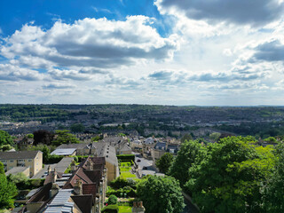 High Angle View of Historical Bath City of England United Kingdom During Partly Cloudy Day of May 27th, 2024, Aerial Footage Was Captured with Drone's Camera During Bright Sunny Day