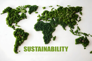 Green world map, sustainability concept, isolated on white background, environment and ecology