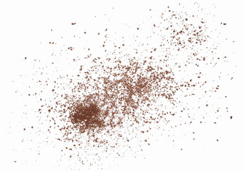 Instant coffee granules flying, soluble coffee isolated white clipping, top view