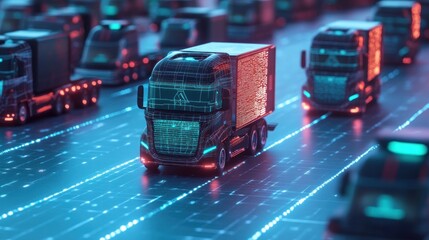 Autonomous trucks driving on a digital highway.