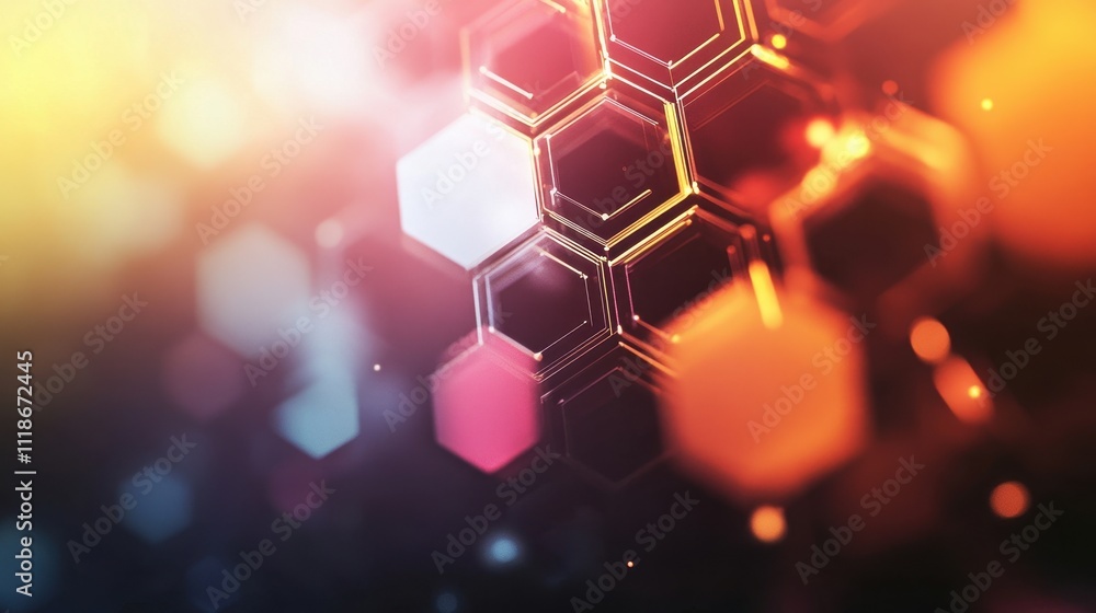 Poster abstract hexagonal pattern with vibrant colors and light effects.