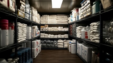 Fototapeta premium A storage room displays neatly arranged shelves filled with numerous bags of materials and containers. The well-lit area provides easy access to supplies for daily operations.