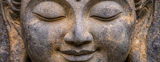 Serene Buddha Face Close-up of a Tranquil Stone Sculpture