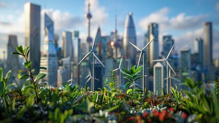 Obraz premium Row of trees with city and sunlight as background. Concept of sustainable development cities green world emphasize on environmental conservation climate change. High grain artistic effects