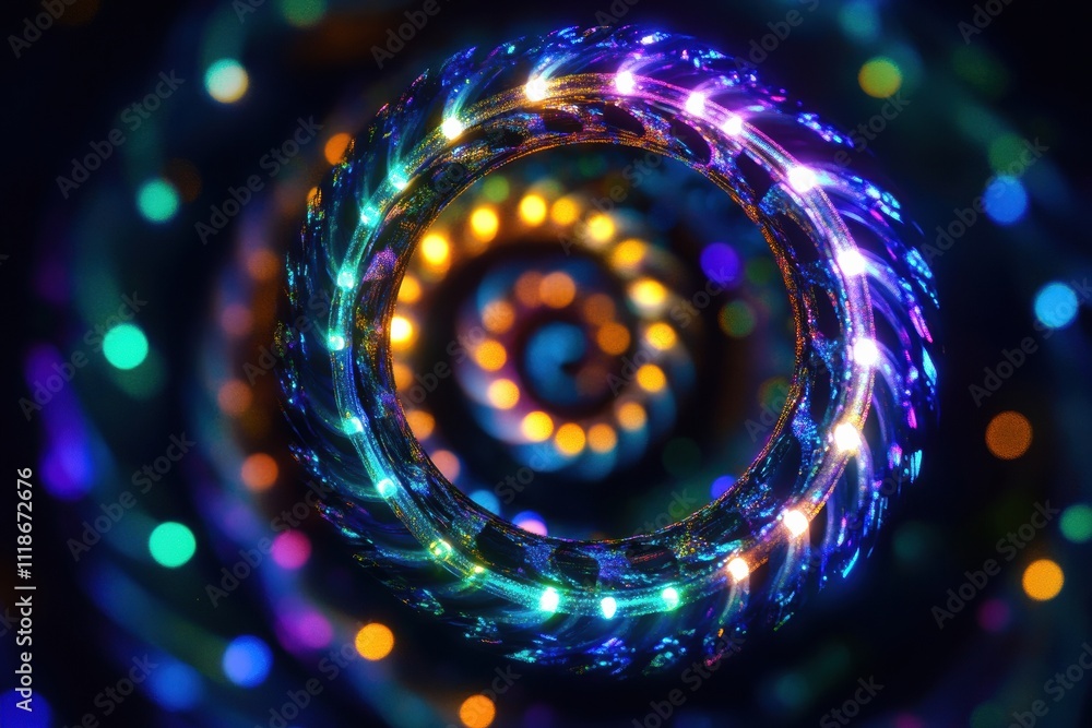 Poster swirling spirals of glowing neon lights form dynamic patterns, offering ample space for text placeme
