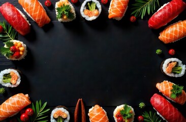 Top down view, flat, In the center is template of large black rectangular color paper on wood background. Around black color paper lying sushi