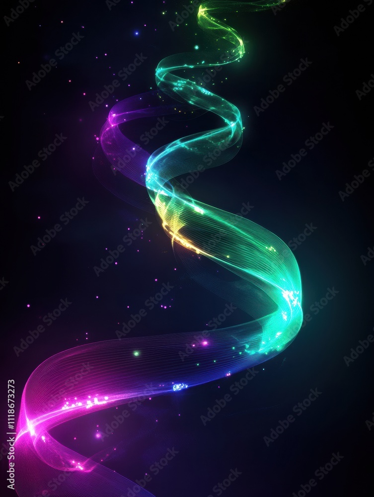 Poster glowing light spirals in neon colors twist upward against a dark background, creating a captivating,
