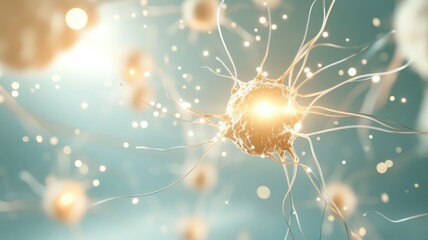 Obraz premium Microscopic view of glowing virus cells on a soft blue background for scientific analysis