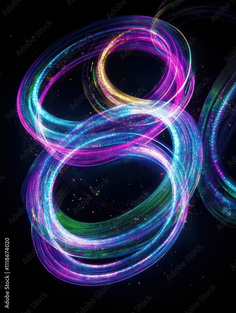 Poster dynamic spirals of glowing light in neon colors create an engaging abstract background perfect for s