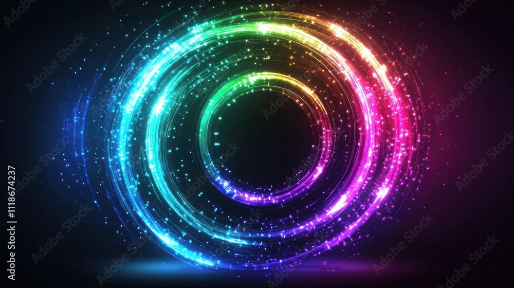 Poster dynamic spirals of glowing light in neon hues form an eye-catching abstract design, perfect for vari