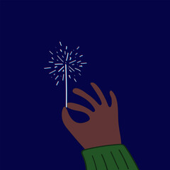 Hand in sweater is holding lit sparkler. New Year party celebration vector illustration