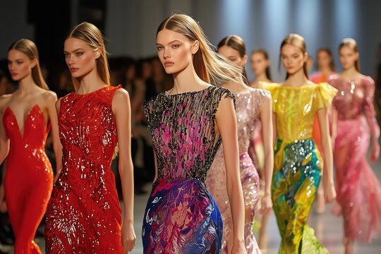 Fashion models walking on runway during fashion show. Fashion models wearing elegant dresses are walking on the runway during a fashion show