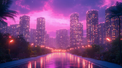 A serene cityscape with towering buildings glowing in pink and purple hues, reflected on a calm waterway