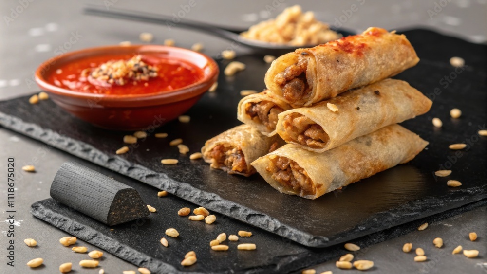 Poster an elegant black slate serving board presents a tidy stack of spring rolls their edges slightly cara