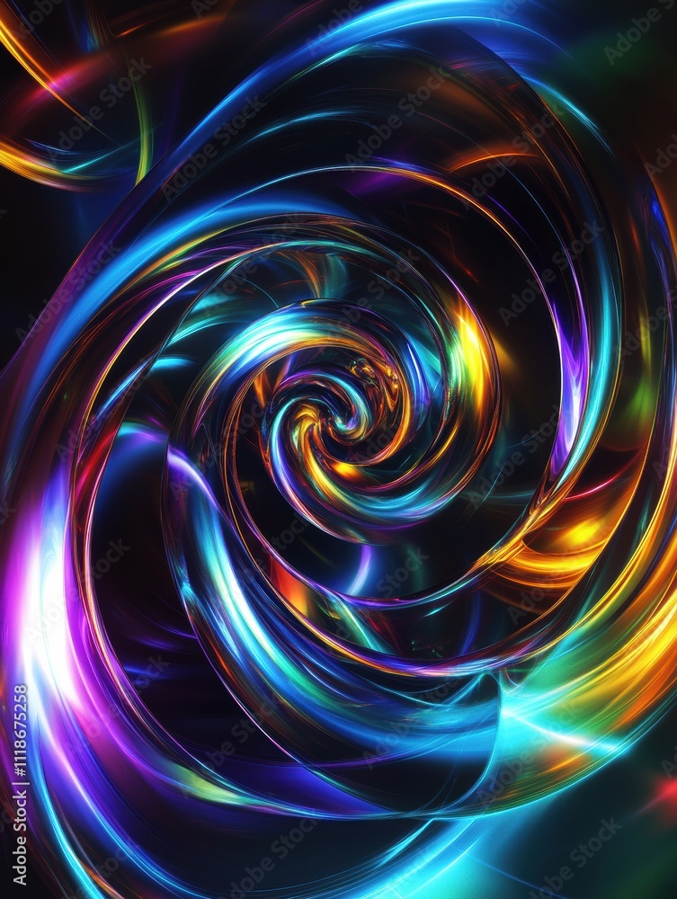 Poster swirling neon light spirals illuminate a dark background, offering vibrant colors and ample space fo