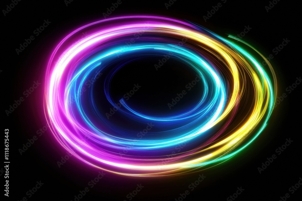 Poster dynamic spirals of neon colors illuminate the dark background, creating an energetic abstract design