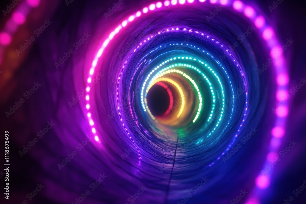 Poster colorful neon spirals illuminate a dark tunnel, creating a captivating spectacle perfect for display