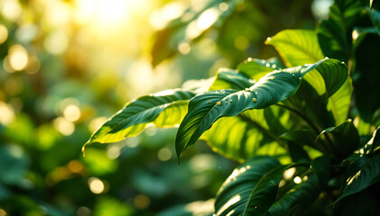 Obraz premium Green leaves with water droplets on a blurred natural background with sunlight.