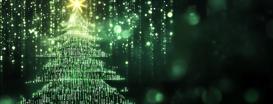 wide abstract digital Christmas tree cover background with binary codes, glitter in green background.