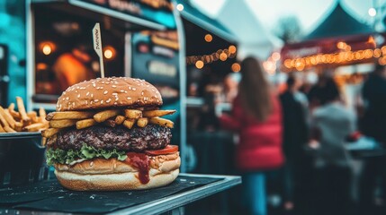 Juicy burger with fries at food truck festival.