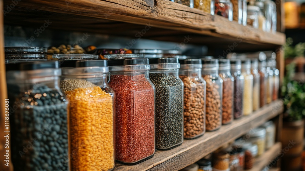 Poster Shelves filled with glass jars containing a diverse array of spices and grains create an inviting atmosphere in a charming shop. The warm wooden decor enhances the experience.