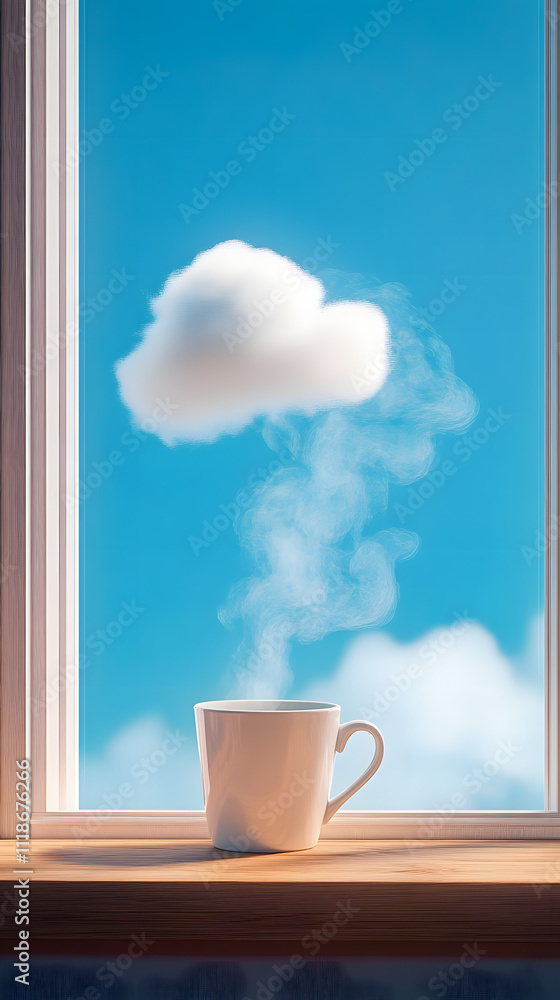 Aufkleber there is a small cloud floating over a steaming coffee cup placed on a wooden surface in front of a 