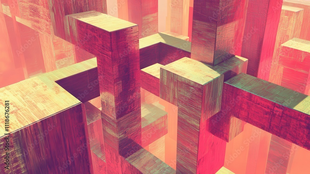 Poster abstract geometric structure with intersecting blocks in vibrant colors.