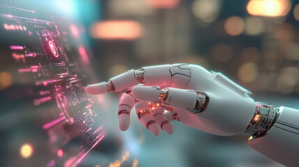 futuristic robotic hand interacts with glowing holographic interface, showcasing advanced technology and innovation in artificial intelligence and digital systems