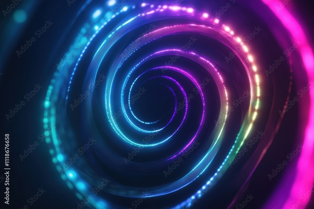 Poster swirling light spirals in vivid neon tones create an abstract digital abstraction offering ample spa