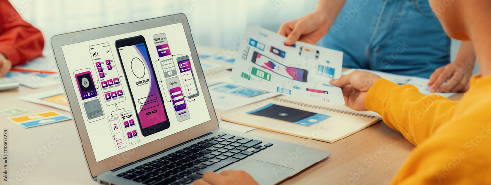 Poster panorama banner of startup ux developer or company employee design user interface or ui prototype fo