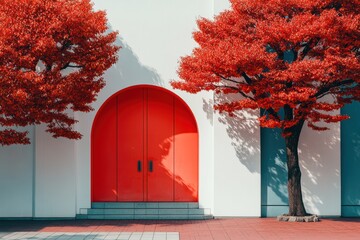 鮮やかな赤い門と紅葉の並木が彩る静かな空間の景観