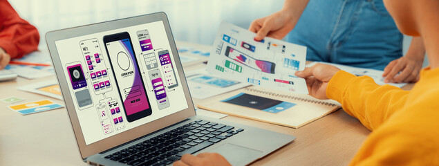 Panorama banner of startup UX developer or company employee design user interface or UI prototype...