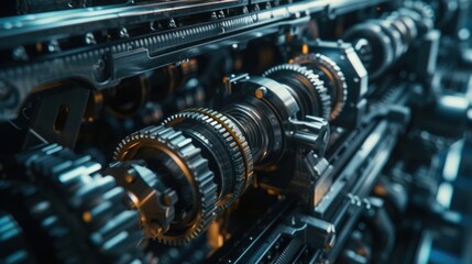Fototapeta premium Close up of innovative industrial machinery featuring interconnected gears and cogwheels, emphasizing precision engineering and the efficiency of modern production lines