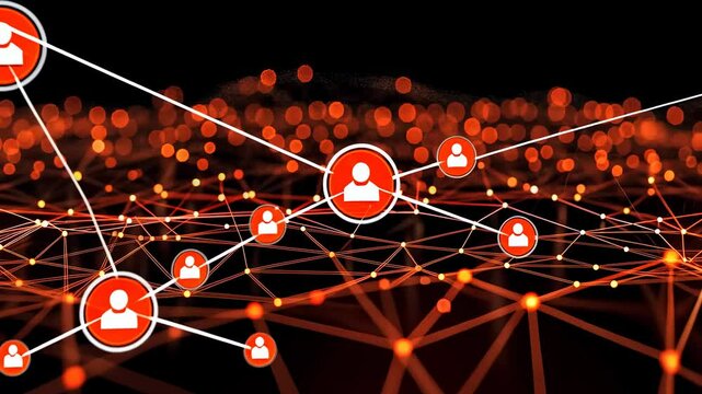 A vibrant display of interlinked red nodes and white lines against a dark backdrop, conveying a theme of digital connectivity and network complexity in a modern technological context.