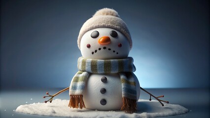 Obraz premium melting very sad expression snowman with a sagging scarf and half-closed eyes, isolated solid background