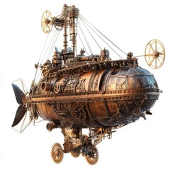 Naklejka premium Steampunk airship design, intricate gears, copper, isolated.