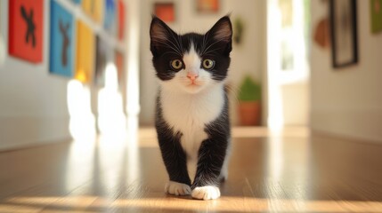 Friendly tabby cat sitting on a windowsill, watching birds outside in a bright and airy kitchen