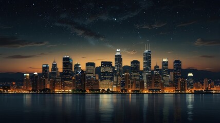 Fototapeta premium Night cityscape skyline with city lights reflecting on water under starry sky.